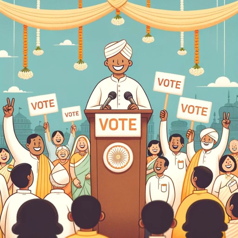 Political campaign rally illustration showing a candidate giving a speech with “Vote” signs, supporters cheering, and an Indian election setting.